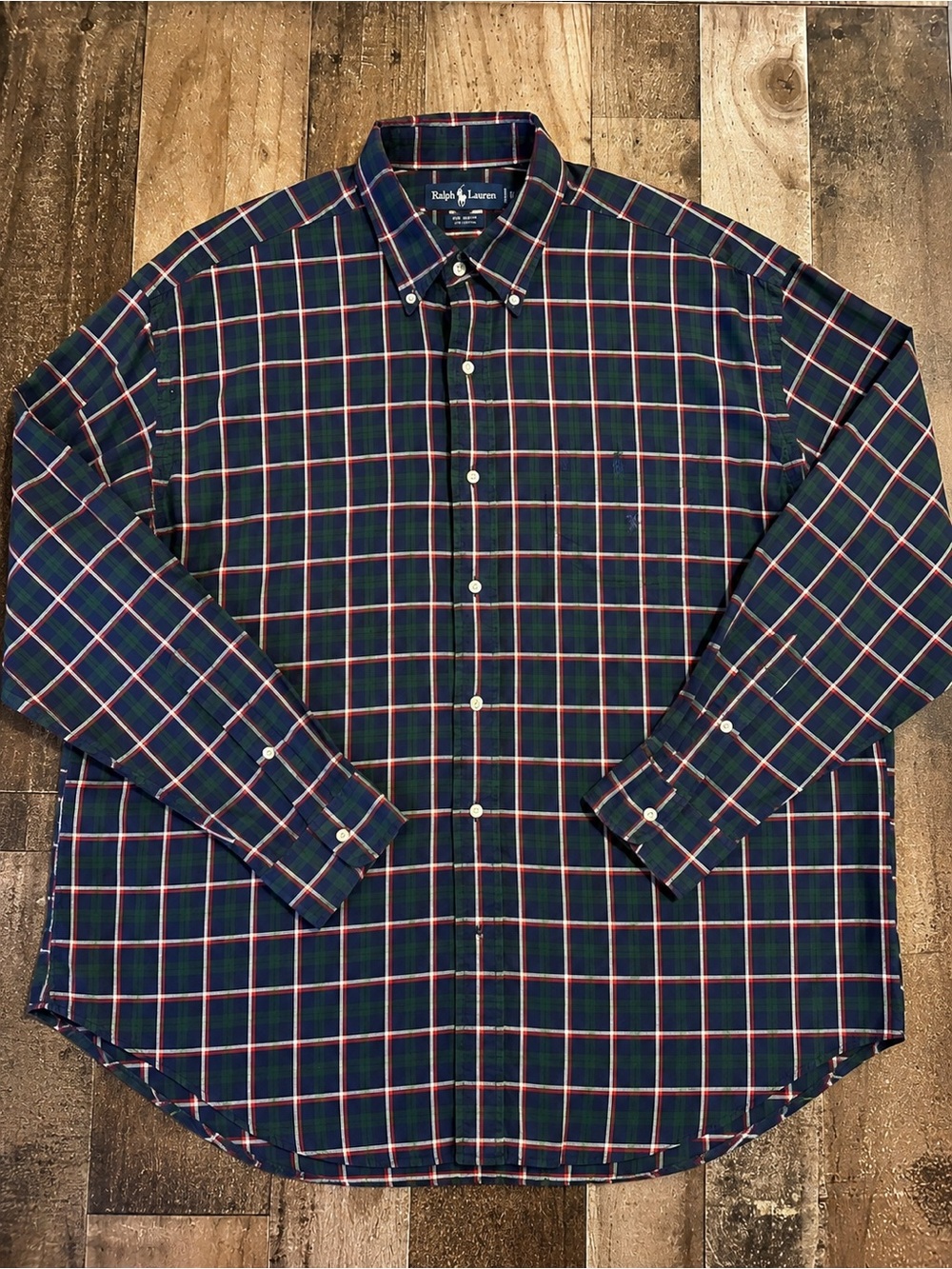 Vintage Ralph Lauren Big Shirt Mens XL Blue Plaid Button Down Pocket Long Sleeve
